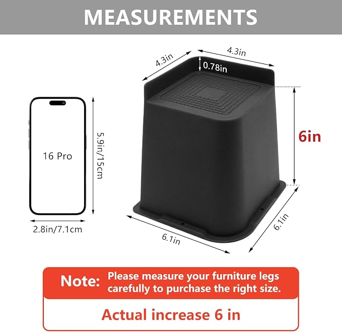 6 Pack Bed Risers 6 inch Heavy Duty, Oversized Furniture Risers, Black Bed Lifts Risers for Table, Sofa, Chair, Couch, Desk, Bed Frame Risers Supports Up to 6,500 Lbs