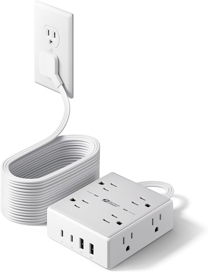 20Ft Long Extension Cord, Flat Plug Power Strip with 8 Outlets & 4 USB Ports (2 USB C), Wall Mountable Surge Protector, Desk Charging Station for Home Office, College Dorm Room Essentials