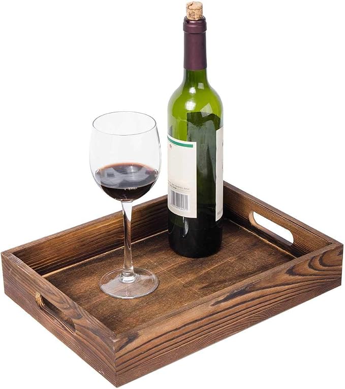 Rustic Brown Wood Food Serving Tray Cutout Handles Breakfast in Bed Coffee Wine Rectangular Ottoman Nesting Crate Tabletop Storage Box Desktop Document Holder Party Office Home Kitchen