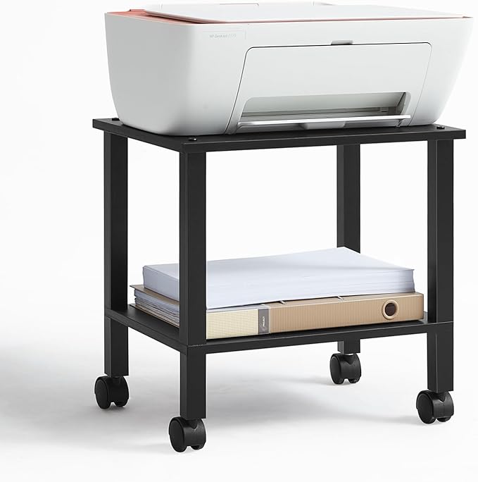 YUFAM 2 Tier Printer Stand with Storage,Under Desk Shelf Printer Table, Rolling Printer Cart for Office,Home,Black