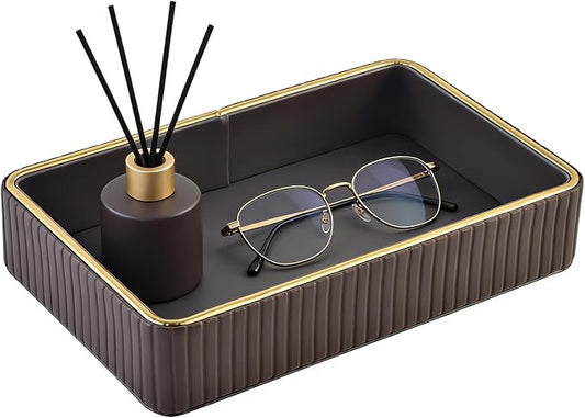 PU Leather Valet Tray,Desk Organizer Tray Nightstand Organizer Trinket Dish Storage Key Bowl Decorative Trays for Phone Wallet Jewelry Watch,Bathroom Bedroom Perfume Vanity Trays,Grey