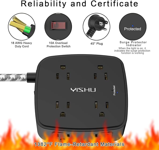 Surge Protector Power Strip - YISHU 8 Outlets with 4 USB (2 USB C) Charging Ports, 5Ft Braided Extension Cord, Flat Plug Multi Plug Outlet Extender Charging Station for Home Office, ETL, Black