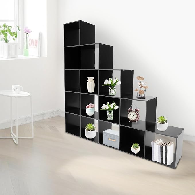 Ladder Cube Storage Bookcase, Desktop Drawers Cabinet, 15-Compartment L-Shaped Organizer, Corner Shelf, Free Standing, for Bedroom Living Room Study Office, Books Toys Decor