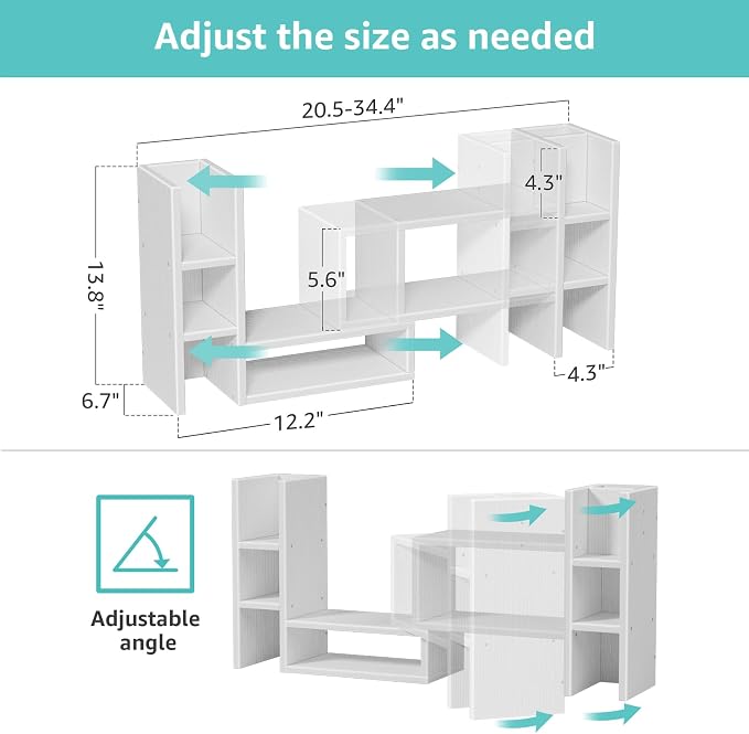 NUTIKAS White Desktop Bookshelf Adjustable Desk Organizer Shelf - Corner Wood Tabletop Storage Display Rack with 6 Cubbies and Pen Holder, Small Hutch for Office Supplies & Dorm Room Decorations