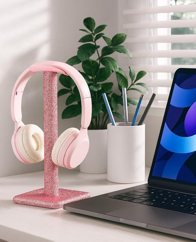 Cute Pink Headphone Stand for Desk - Rhinestone Bling Headset Holder with Soft Headrest, Sparkle Kawaii Desk Accessories for Gamer Girls & Women, Aesthetic Gift for Teen Girl Birthday (Crystal)