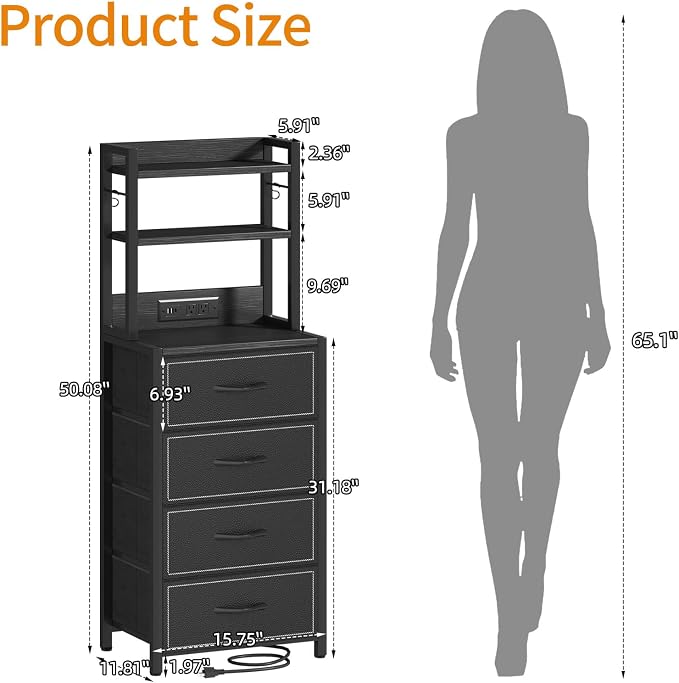 Tall Nightstand with LED Light, LED Night Stand with Charging Station and USB Type C Port, Bedside Table with 4 Fabric Drawers for Bedroom, Dorm, Office (Black)