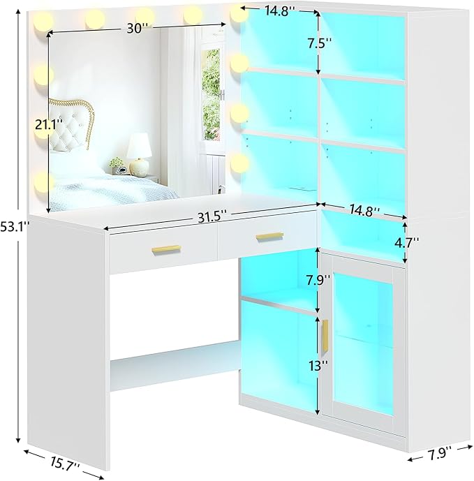 Corner Vanity Desk with Lighted Mirror & 9 Open Storage Shelves, L-Shaped Vanity with Charging Station & RGB Cabinet, White Makeup Vanity with Drawers, Large Makeup Desk with Storage for Bedroom