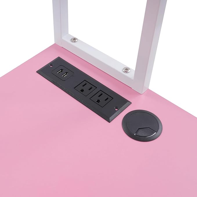 Corner Desk, Triangle Corner Computer Desk with 2 USB Ports and 2 AC sockets, Small Computer Desk with Hutch and LED Lights ComputerDesk for Small Space, Home Office Desk, Pink