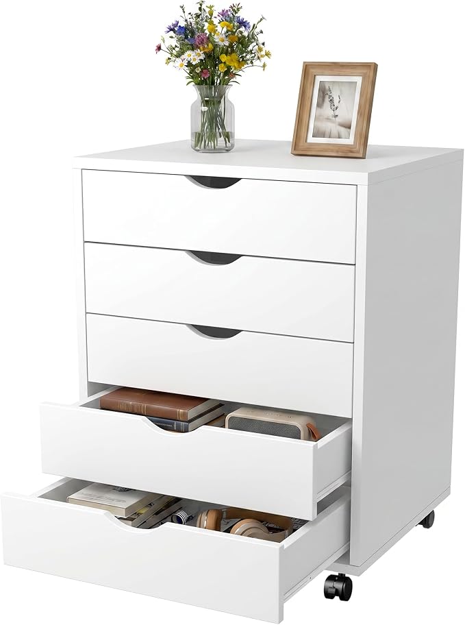 5 Drawer Mobile File Cabinet Under Desk Storage Organization with Wheels Vertical Filing Chest Rolling Wood Small Desk Printer Stand for Home Office, White