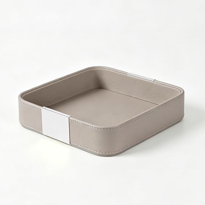 SANZIE Luxury Leather Desktop Storage Small Catchall Organizer Decorative Tray for Entryway Table to Hold Jewelry Watch Cosmetics Keys Phone Wallet, Home & Office Accessories (Metal Silvered, Grey)