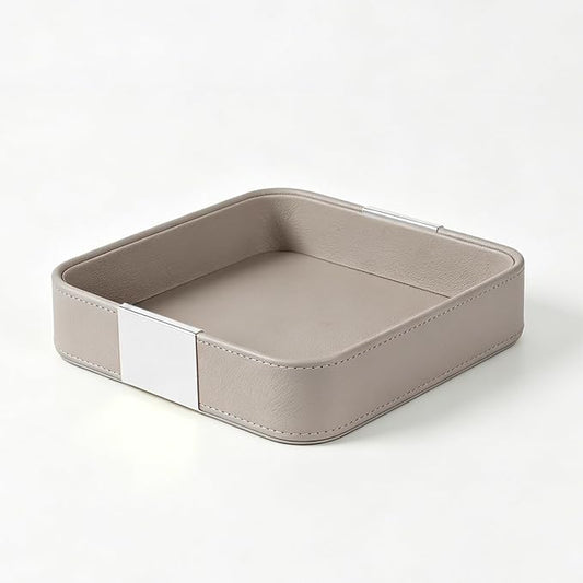 SANZIE Luxury Leather Desktop Storage Small Catchall Organizer Decorative Tray for Entryway Table to Hold Jewelry Watch Cosmetics Keys Phone Wallet, Home & Office Accessories (Metal Silvered, Grey)