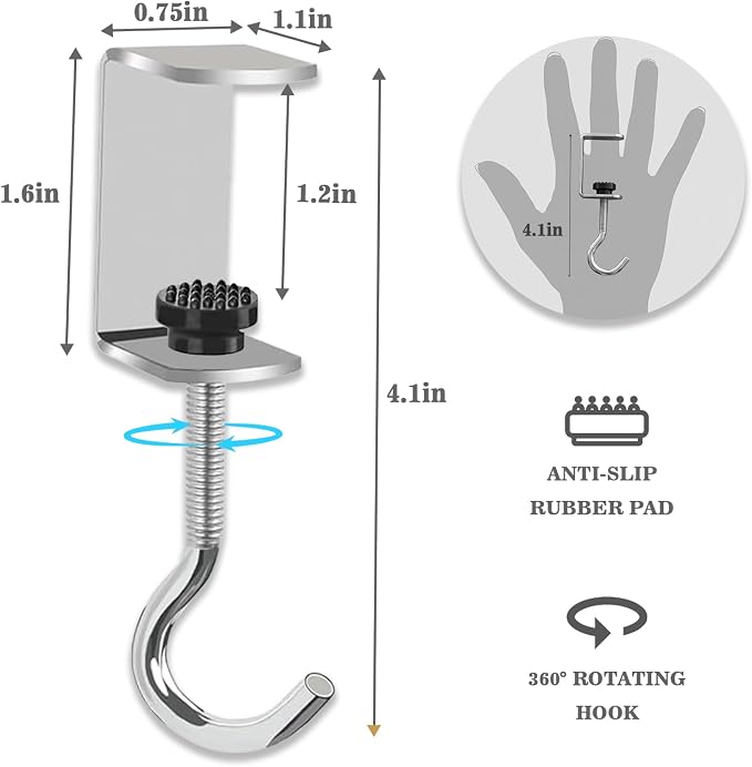 Adjustable Metal Table Hooks for Hanging Purses and Headphones on the Desk at Home and Office, 8-Pack