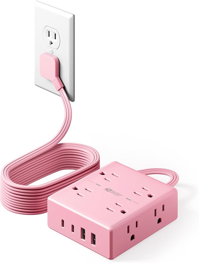 Pink Extension Cord 10Ft, Flat Plug Surge Protector Power Strip, 8 Outlets & 4 USB Ports (2 USB C), Cute Stuff Pink Room Decor, Home Office Kawaii Desk Accessories for Girls