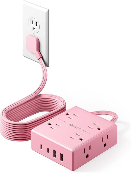 Pink Extension Cord 10Ft, Flat Plug Surge Protector Power Strip, 8 Outlets & 4 USB Ports (2 USB C), Cute Stuff Pink Room Decor, Home Office Kawaii Desk Accessories for Girls