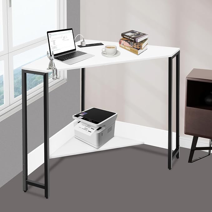 Corner Desk, Triangle Corner Computer Desk, 26.77 * 29.53in Modern Small WritingDesk with Power Outlets and USB Ports for Small Space, Home Office Desk, White