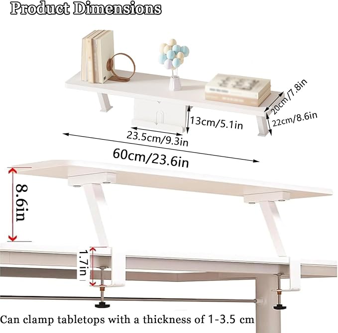23.6x7.8 in Clamp on Desk Shelf, Adjustable Floating Desks Shelf with Reading Stand Space Saving Desktop Extender Storage Organizer for Office, Dorm, Home Desk Organization, White