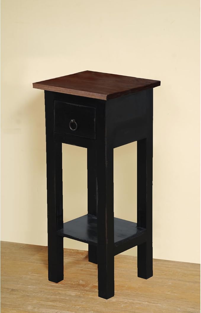 HomeStock Two-Tier Side Table with Drawer - Fully Assembled Narrow End Table Antique Black and Raftwood
