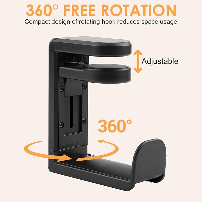 Rotating Headphone Stand, No-Drill 360° Rotating PC Gaming Headset & Controller Holder, Under Desk Hanger with 360 Degree Swivel & Cable Clip Organizer