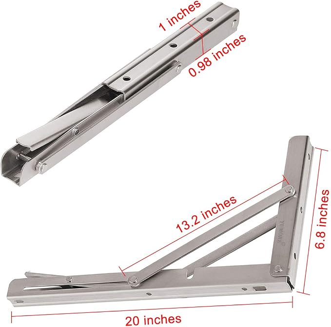 YUMORE Folding Shelf Brackets 20", Max Load: 330lb Heavy Duty Stainless Steel Collapsible Shelf Bracket for Table Work Bench, Space Saving DIY Bracket, Pack of 2