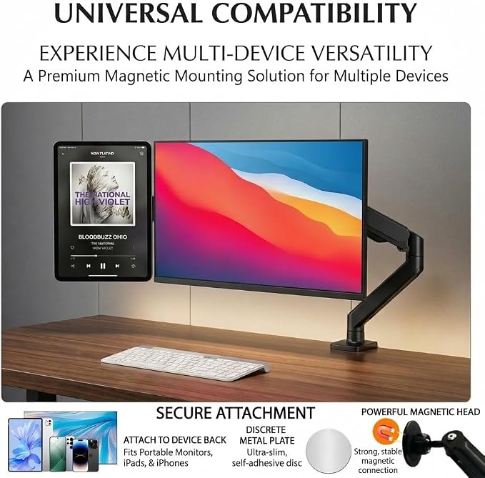 1Pcs Magnetic Side Arm Portable Monitor Mount, Adjustable Full Metal VESA Extension Arms for Triple Screen Setup, Portable Monitor Holder Side Arm Bracket for 10"-18" Tablets and External Displays