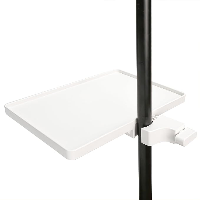Utility Microphone Tray Holder, White Clip-On Accessories Clamp Pole Mount Shelf for Music Table, Tripod, Live Streaming Room, Karaoke, Recording, Instrument Sound Card Brackets (8.7'' x 6.5'')