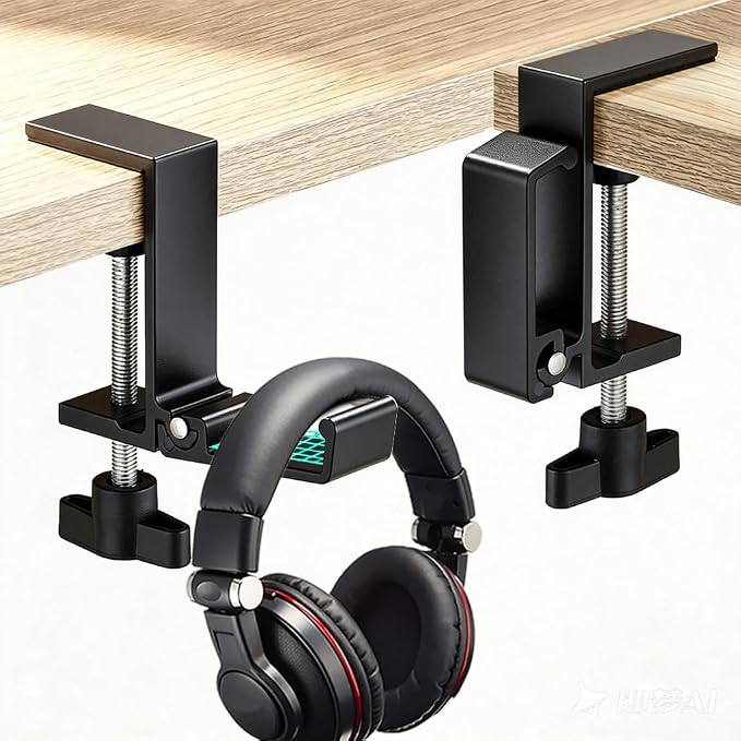 Foldable Under Desk Headphone Hanger, Aluminum Clamp-On Headset Stand, No Drill Anti-Scratch Mount, Heavy Duty 10KG Load Bearing Universal for Gaming Headset, Controller, Cable & Bag Organizer(Black)