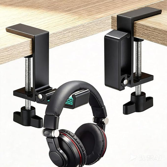 Foldable Under Desk Headphone Hanger, Aluminum Clamp-On Headset Stand, No Drill Anti-Scratch Mount, Heavy Duty 10KG Load Bearing Universal for Gaming Headset, Controller, Cable & Bag Organizer(Black)