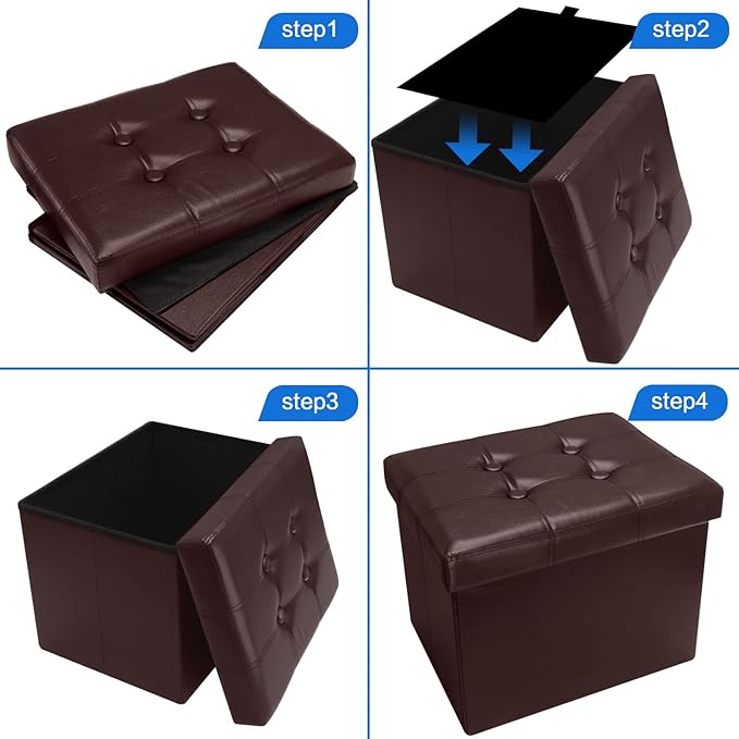 Bsketa 2PC Storage Ottoman, Folding Foot Stool with Thicker Foam Padded Seat Small Leather Storage Ottoman Bench Foot Rest for Living Room Foldable Coffee Table 17x13x13in,Brown