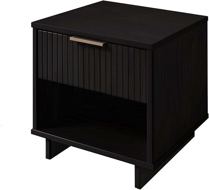 Manhattan Comfort Granville 1-Drawer Nightstand Set of 2, Modern Glam Bedside Table with Ribbed Design and Gold Handles, Ideal for Living Room and Bedroom Use, Black