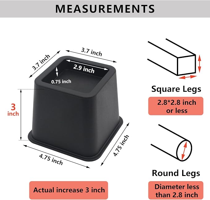 4 Pack Bed Risers 3 inch Furniture Risers, Heavy Duty Bed Lifts Risers for Table, Sofa, Chair, Couch, Desk, Bed Frame Risers Supports Up to 1,500 Lbs Black