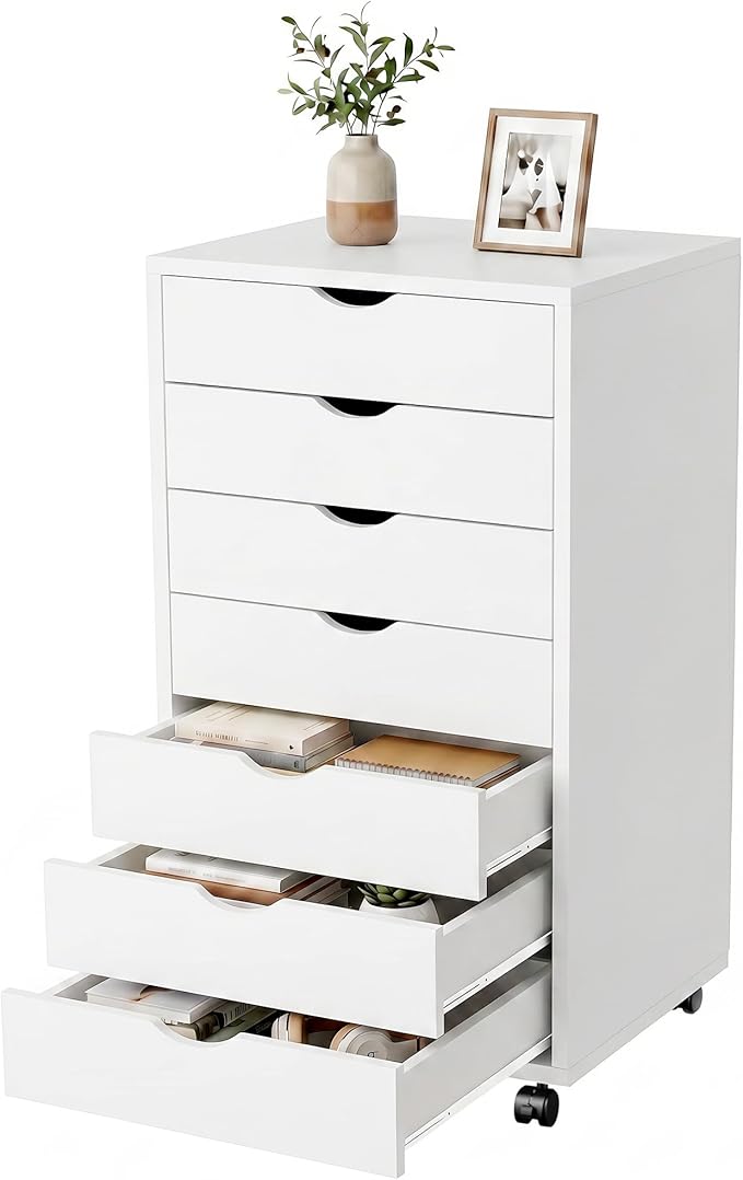 7 Drawer File Cabinet, Under Desk Storage Organization with Wheels, Mobile Filing Chest for Small Desk Printer Stand for Home Office, White