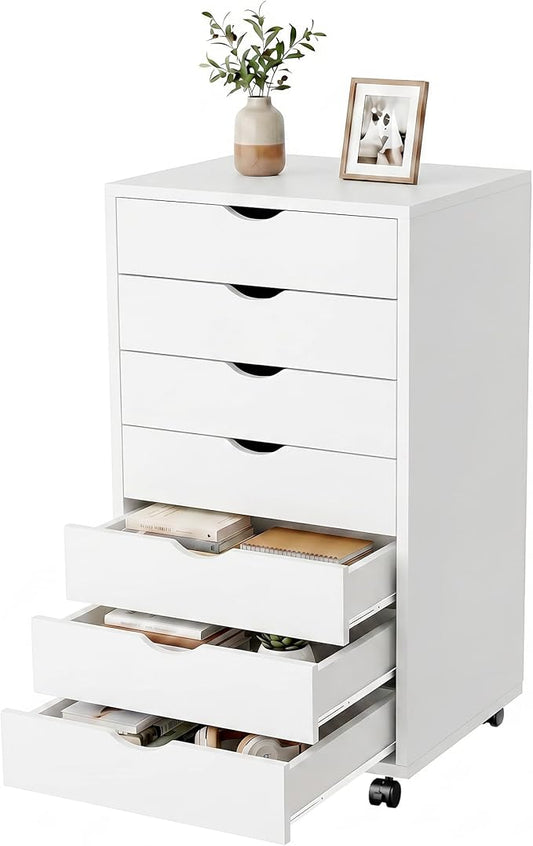 7 Drawer File Cabinet, Under Desk Storage Organization with Wheels, Mobile Filing Chest for Small Desk Printer Stand for Home Office, White