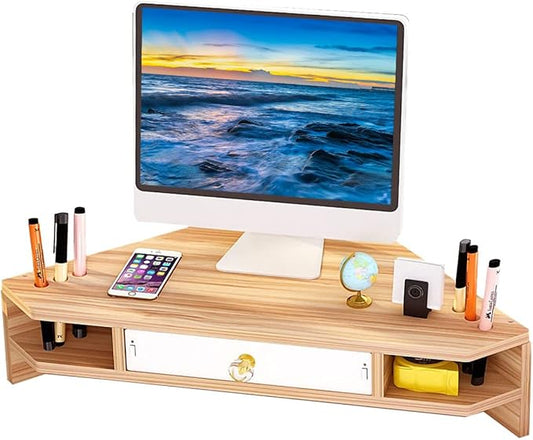 Triangle Monitor Riser,Cut Triangular Computer Monitor Desktop Corner Stand,Desktop Corner Shelf With Drawers Wooden Computer Stand With Storage Laptop Risers Office Organization.