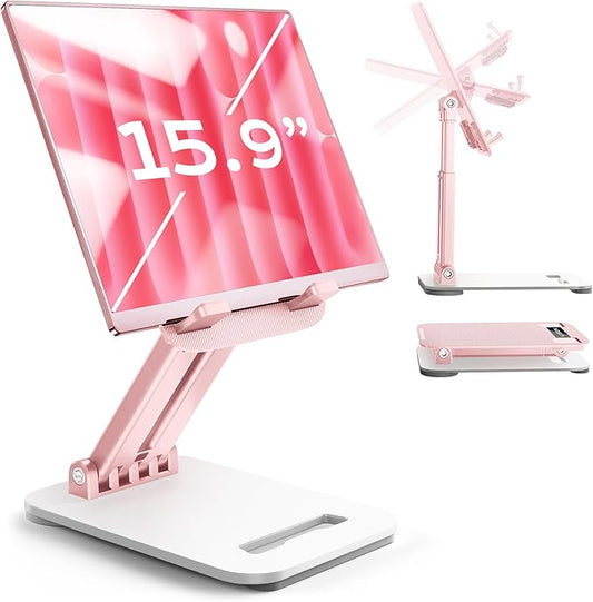 LISEN Tablet Stand for iPad Stand Holder Desk, Foldable eBook Readers Desk Accessories Fits Kindle 4-15.9" Pink