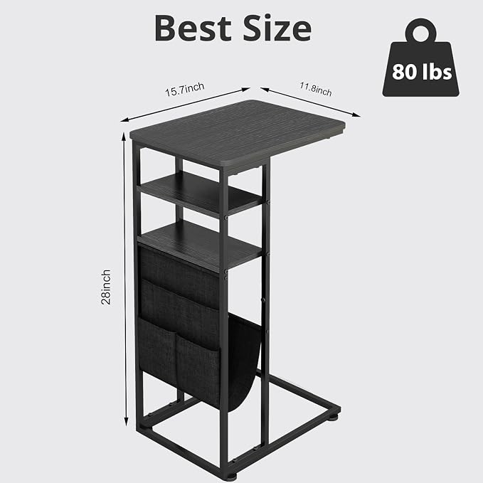 C Shaped End Table 28"(H) 3-Tier C Table with Storage Bag, Under Couch Table C-Shaped End Table with Storage Shelves and Bag for Living Room, Bedroom, or Office