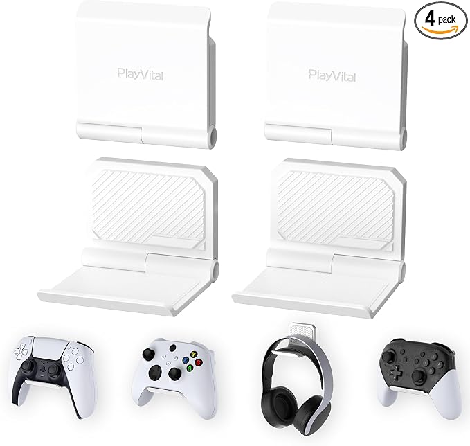 PlayVital FOLD Controller Holder Wall for ps5 ps4 Xbox Switch 2 Pro Headset, 2 Pack Universal Storage Organizer Gaming Controller Stand Headphone Mount - Foldable Anti-slip Adhesive Removable, White