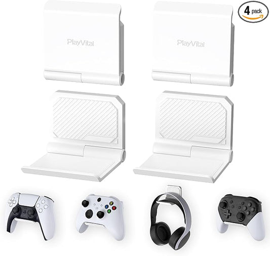 PlayVital FOLD Controller Holder Wall for ps5 ps4 Xbox Switch 2 Pro Headset, 2 Pack Universal Storage Organizer Gaming Controller Stand Headphone Mount - Foldable Anti-slip Adhesive Removable, White