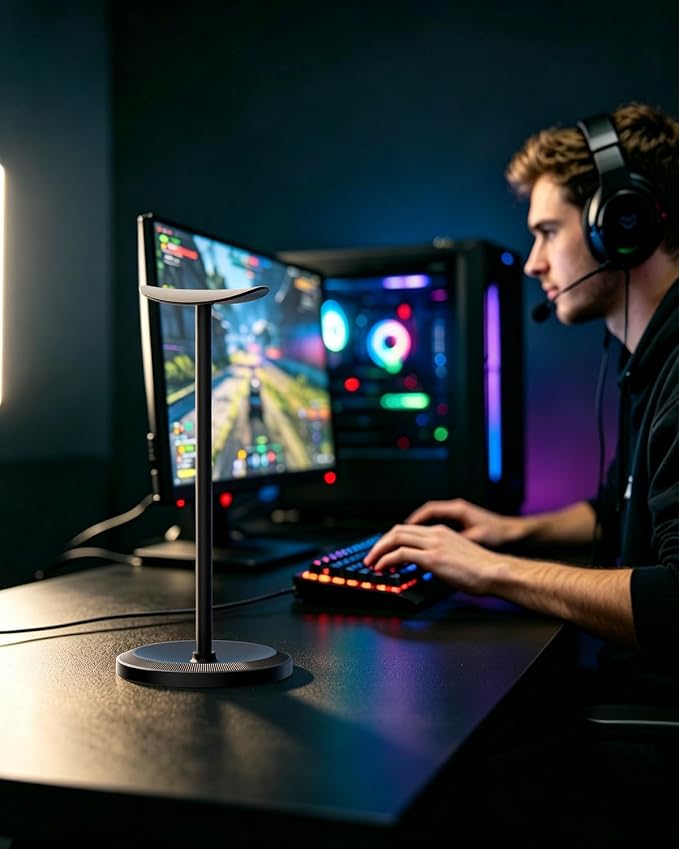 Headphone Stand, Desktop Headset Holder, Black | Earphone Stand, Gaming Headphone Hanger, Enlarged Headrest Heavy Base, Office Desk Accessories for All Headphones Size