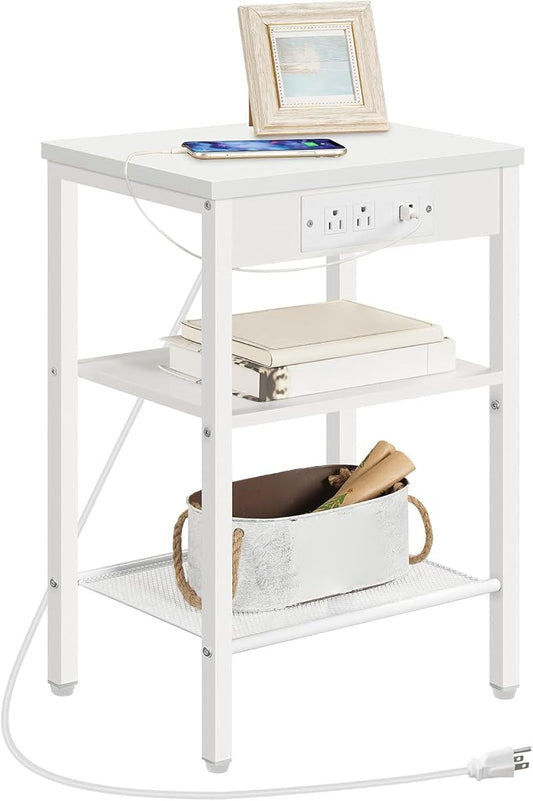 HOOBRO Side Table with Charging Station and USB Port, Small End Table for Small Space, 3-Tier Nightstand with Adjustable Shelf, for Living Room, Bedroom, White WW112BZ01