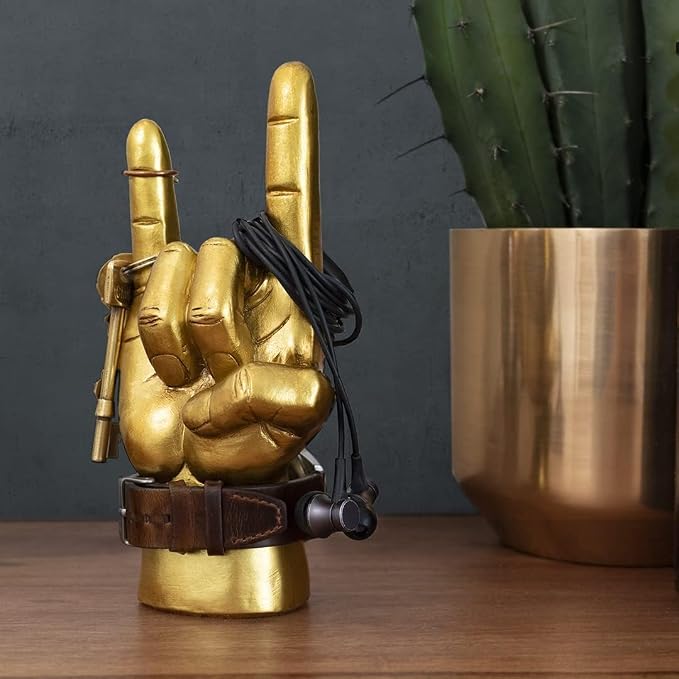 Luckies of London - Rock On Hand - Rock Music Gifts for Men - Mens Bedroom Accessories - Mini Headphone Stand & Jewelry Holder - Gold Ornaments for Desk Tidy - Music Home Decor - Key Holder Stand