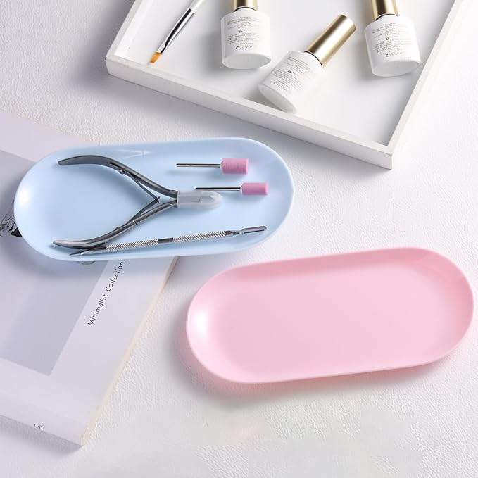 3Pcs Manicure Tools Storage Tray, Oval Plastic Storage Dish Nail Art Accessory Display Trays, Jewelry Rhinestone Organizer Plate, Makeup Cosmetic Nail Decorations Storages Plate（Pink）
