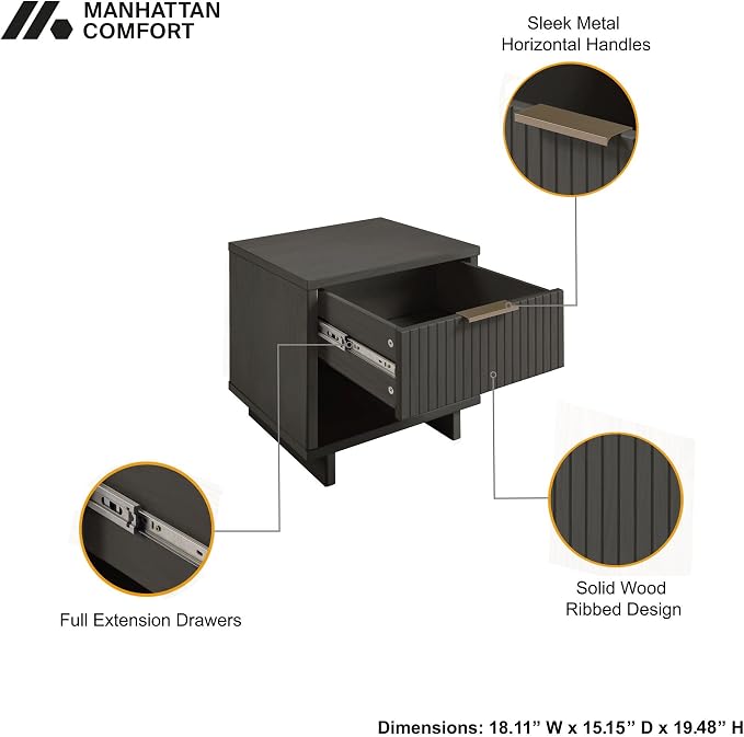 Manhattan Comfort Granville 1-Drawer Nightstand Set of 2, Modern Glam Bedside Table with Ribbed Design and Gold Handles, Ideal for Living Room and Bedroom Use, Dark Grey