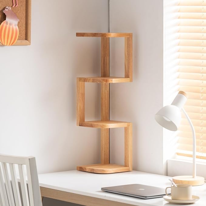 Corner Shelf Stand Desk Organizer,26.8" H Rubberwood Brown Rack for Small Spaces, Bedroom,Home Office,Kitchen,Bathroom (Natural, 4 Tier)