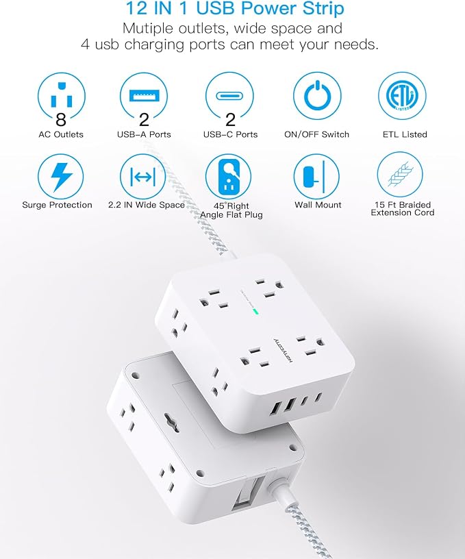 Surge Protector Power Strip 15 Ft Long Cord, HANYCONY Extension Cord 15 Feet with 8 Outlets 4 USB Ports(2 USB C), Flat Plug, Desk Charging Station for Home Office College Dorm Room Essentials