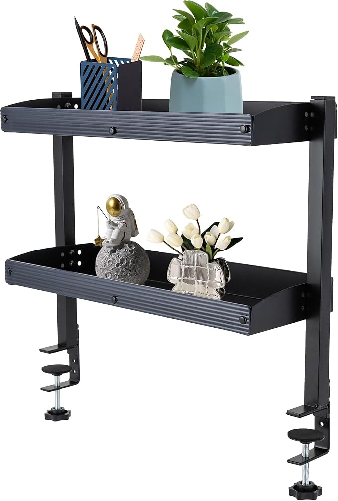 Clamp-on Desk Shelf, Desktop or Under-Desk 2-Tier Shelving Unit with Adjustable Metal Storage Tray, Clip-on Desk Shelf Office Organization (Black)