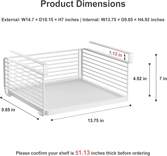 Under Shelf Storage Basket, Hanging Wire Basket with 1.13 Inches Thick Clips for Kitchen, Pantry or Laundry Room, Under Cabinet or Desk Storage Organizer, White, 13.75" L-Mesh Bottom, 2 Pack