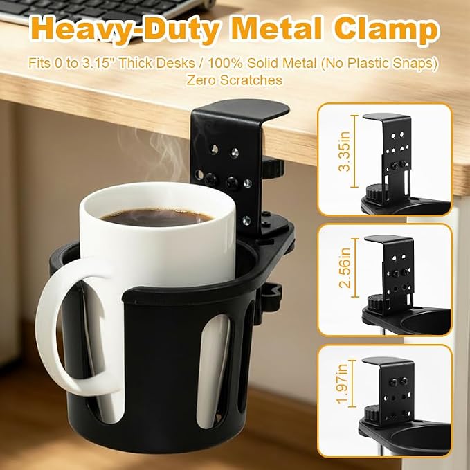 Deep Cup Holder Desk Clamp, Anti-Spill Clip On Table Drink Holder for 40oz Mug & Water Bottle, 3.15" Large Metal Mount Attachment, 360° Rotating Gaming Desk Accessories