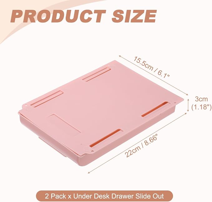 PATIKIL 2 Pack Under Desk Drawer Slide Out, 8.66 x 6.1" Plastic Table Storage Drawers Slide Out Storage Box for Laptop Study Desks Dining Dressing Tables Wardrobes Cabinets, Pink