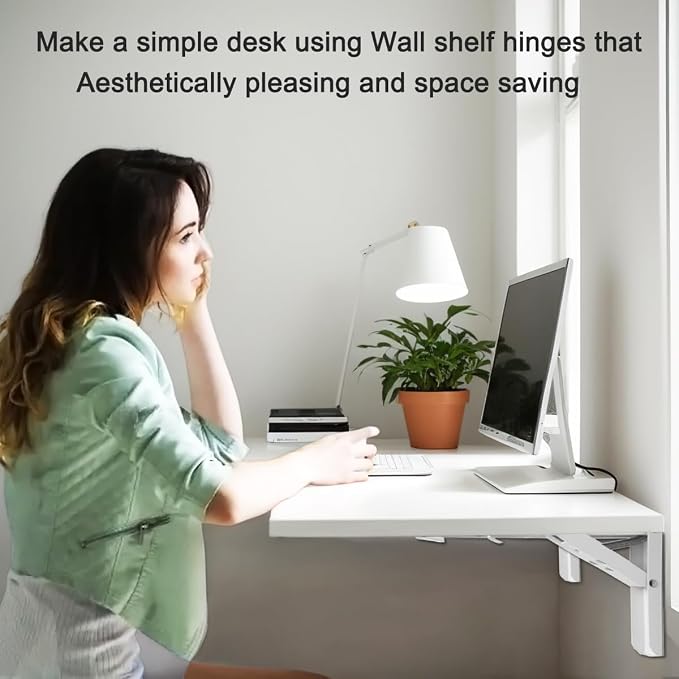 90 Degrees Wall Mounted Desk Hinges, 12" Folding, 2Pcs White | Wall mounted desk hinges for fold-down desks, laundry tables Space-saving 90° self-locking design.Ideal for DIY projects