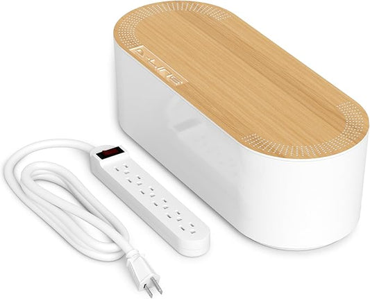 D-Line Cable Management Box with 6 AC Outlet 6ft Power Strip, Hide Extension Cords and Excess Wire Clutter, 16.5in (L) x 4.5in (H) x 5in (W) - Large, White with Wood-Lid